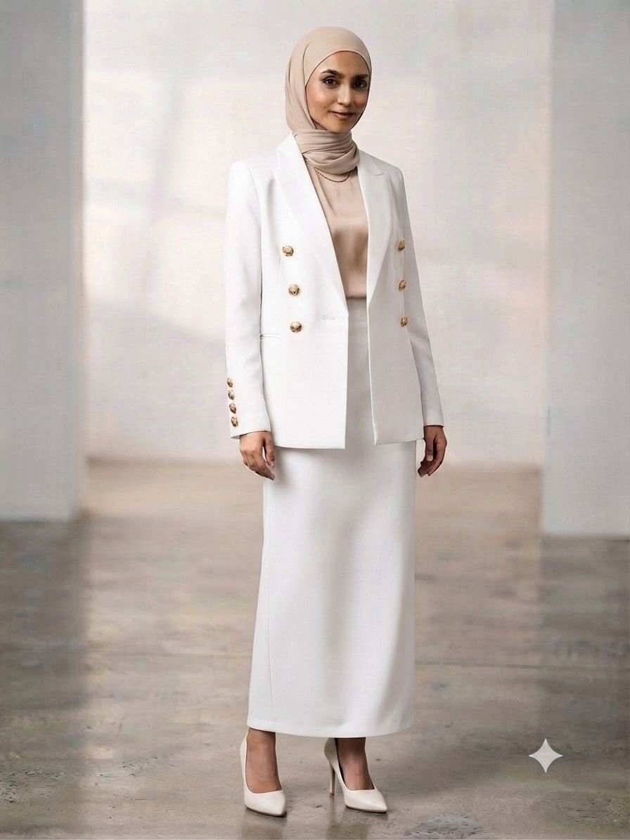 img_1819 Signature Double-Breasted Modest Blazer & Maxi Skirt Set - White - Image 1